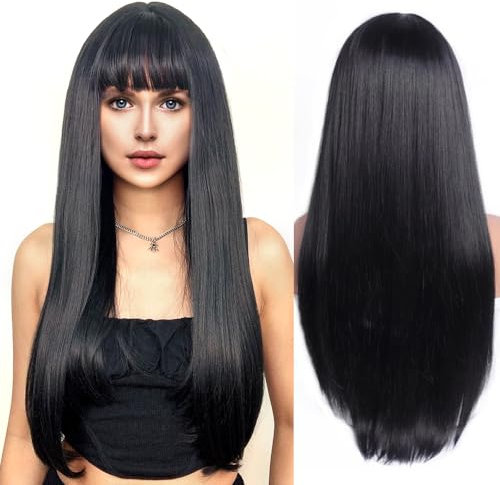 FENGQ Langes Gerade Schwarze Perücken, 27 Zoll Weibliche Glatte Lange Gerade Schwarz Perücke, Synthetische Perücke mit Pony, Halloween Perücke, für Tägliche Party Cosplay Verwendung