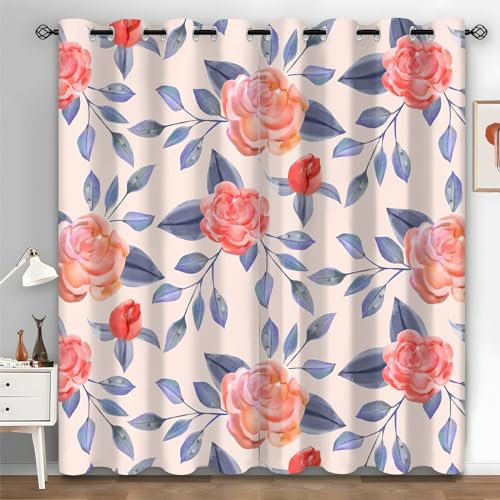 Syhi Qlty Pink Rose Short Blackout Curtains for Bedroom, Blue Leaves Thermal Curtains & Drapes, Eyelet Soundproof Curtains 54 Inch Drop, Window Treatments for Living Room, 46x54 Inch(W X L), 2 Panels