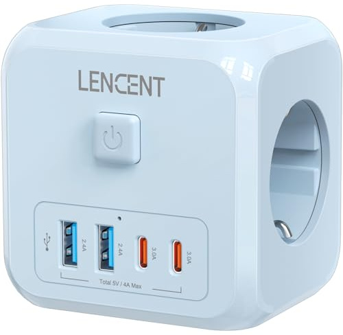 LENCENT Cubo Enchufe USB 7 en 1, Ladron Enchufes 4000W, Cubo Enchufes | Múltiples Pared con 3 Tomas de CA, 2 USB-A, 2 Tipo-C y Interruptor, Cargador para Oficina, Cocina y Habitación, Azul