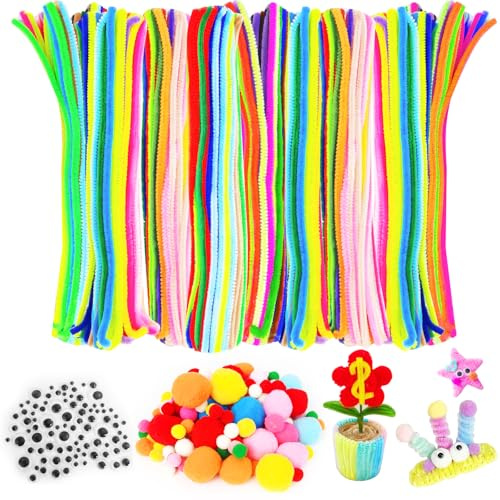 Prebarfun 630 Stück Pfeifenputzer Bunt zum Basteln Set, 20 Farben 400 Pfeifenreiniger Chenilledraht 30 cm, mit 100 Wackelaugen Selbstklebend & 130 Pompons zum Basteln für Kreative DIY