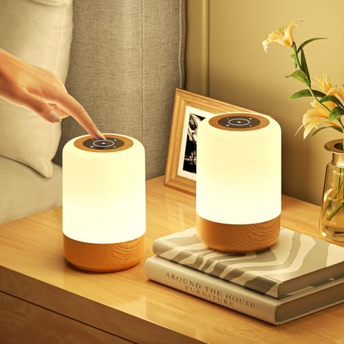Görvitor Set di 2 lampade da comodino, touch dimmerabili con 8 colori, 3 modalità, venature del legno, lampada da tavolo a LED, senza fili, USB, ricaricabile, con timer, luce notturna per bambini,