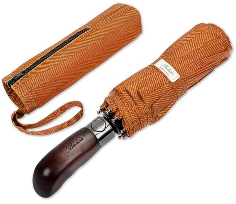Balios® Regenschirm mit Echtholzgriff - optional | Automatisches Öffnen | sturmfest und windfest | Taschenschirm für Herren und Damen schwarz (entworfen in Großbritannien), Goldene Fischgrätenflamme