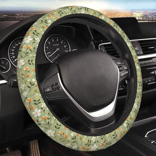 Niedlicher Lenkradbezug mit Gänseblümchen-Motiv für Frauen und Mädchen, Salbeigrün, Blumenmuster, 15 Zoll, Fell-Auto-Radbezug, atmungsaktiv und schweißabsorbierend, Fahrzeug-Radschutz