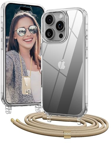 OLEPHY Handykette für iPhone 16 Pro Max Hülle mit Band, Golden | Necklace Handyhülle, Transparente Schutzhülle zum Umhängen [Verstellbarem und Demontage Umhängeband],