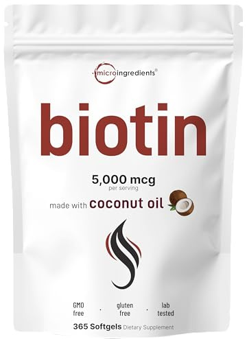 Micro Ingredients Biotin 5,000mcg | 365 Virgin Coconut Oil Softgels, Fast Release, One Year Supply | Supports Healthy Hair, Skin, & Nails | Non-GMO, No Gluten