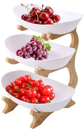 Sonhomay Cesta de 3 niveles para servir fruta, juego de bandejas de frutas con estante de madera para entretener frutas, verduras, aperitivos, postres, aperitivos, nueces, pasteles, dulces