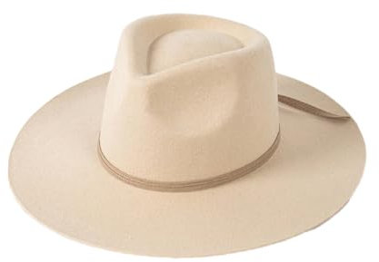 Fedora-Hut für Damen und Herren, 100 % Wollfilz, mit gebundenem Band, breite Krempe, Unisex-Filzhut, beige, M