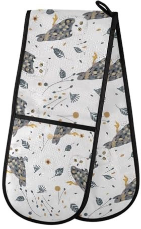 Ofenhandschuhe Doppelte Ofenhandschuhe Eule Wald Tier Weiß Hitze Ofenhandschuhe Topflappen Hitzebeständig Gesteppt für BBQ Backen Küche Kochen Handschuhe