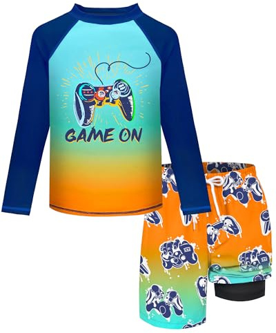 Boys Rash Guard Swim Set with Swim Trunks Bathing Suit Long Sleeve Swim Shirt Quick Dry Swimsuit Kids Gamepad Swimwear Size 7