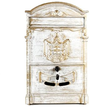 Cassetta delle lettere in ghisa resistente, con montaggio a parete, decorativa, per casa e ufficio, per interni ed esterni, ingresso e cancello, elegante finitura bianco/oro