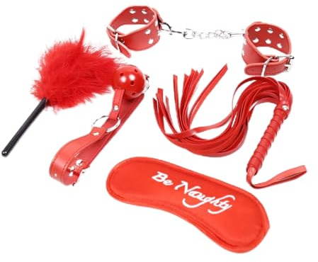 BDSM Flirt Red Bondage Set (5 Stück), Knebel Handschellen Peitsche Feder Augenmaske, Paare Schlafzimmer spielen (DEB2)