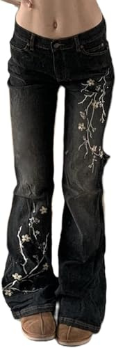 Hecatombic Damen Mode Retro Klassiker Slim Fit Jeans Mit Blumenmuster Und Hoher Taille Y2k Lässige Elastische Ästhetische Street Trend Schlagjeans (Schwarz,S)