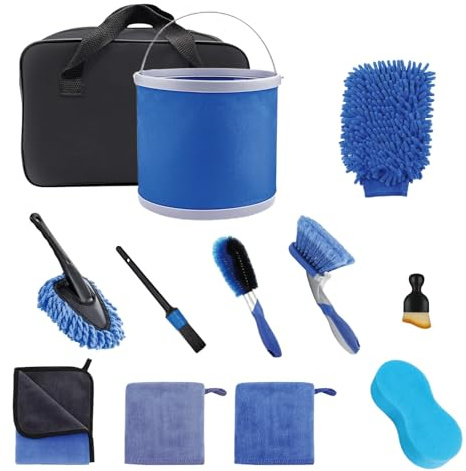 DYUEE Car Cleaning Kit Car Washing Kit 12Pcs Interior/Exterior Auto Car Care Set with Storage Bag 9L Foldable Bucket Detailing Brush Wheel Brush Wash Mitt Sponge Towel for Cars Motorcycles Bikes