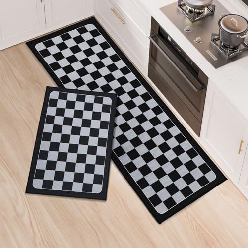 OPLERT Alfombras Antideslizantes para Cocina, 2 alfombras Lavables para Cocina, antifatiga y absorbentes de Agua, para pasillos, comedores y entradas de Puertas,Negro,40x60+40x120cm