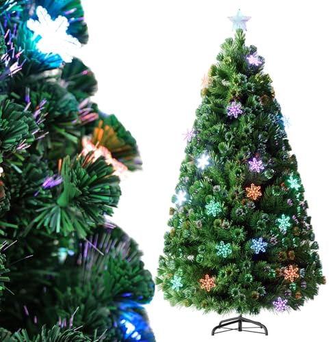 Eldzenith Albero di Natale 210cm, Fibre Ottiche Albero Natale con Luci Incorporate, Base Metallica, PVC, Ignifugo, Effetto Realistico, Folto Pieno, Facile Montaggio, per Feste, Salotto, Uffici, Negozi