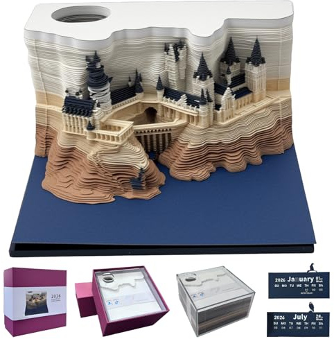 3D Kalender 2026 Abreißen – 3D Notizblock als Mini-Schloss Papierskulptur, 150 Blatt Tischkalender mit Acrylbox, Künstlerisches Memo Pad & Geschenkidee wie ein Adventskalender