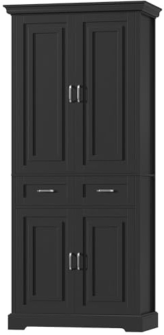 FirFurd Kitchen Cupboard Tall Kitchen Cabinet Freestanding Pantry Larder Cupboard Sideboard Storage Cabinet with 4 Doors 2 Drawers for Living Room Dining Room Bathroom 80x39.5x180.5cm Black