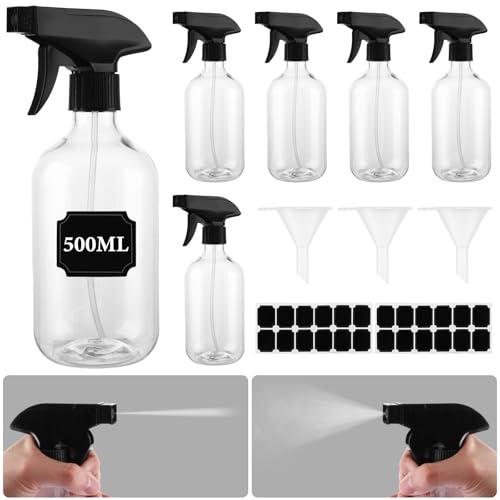 SHUESS 6 st. sprayflaskor 500 ml, vattensprayflaskor av plast, tomma sprayflaskor för fyllning inklusive tratt och etiketter, sprayflaska för växter, rengöringsmedel och hår