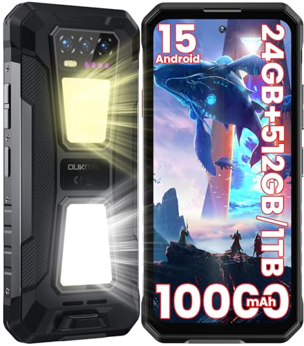 OUKITEL WP58 Pro Telephone Incassable 5G Android 15, 24Go+512Go Smartphone Incassable, Double Lampe Camping, 64MP+8MP Vision Nocturne, 10000mAh/33W, 6.7 FHD+ 120Hz, Fingerprint/GPS/NFC/OTG, Noir