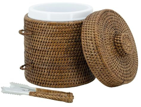 AUBRY GASPARD - Seau à Glace en Rotin avec Pince - Finition Antique- Ø 20 cm x Hauteur 25 cm - Seau Amovible en Plastique pour Conserver le Froid - Idéal pour Réceptions et Dîners Conviviaux