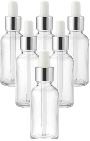 gouveo 6er Set Pipettenflaschen 50 ml aus Klarglas - Leere Apothekerflasche aus Glas - Tropfflasche mit Glaspipette für Essenzen, Öle, Parfüm (PFT050)