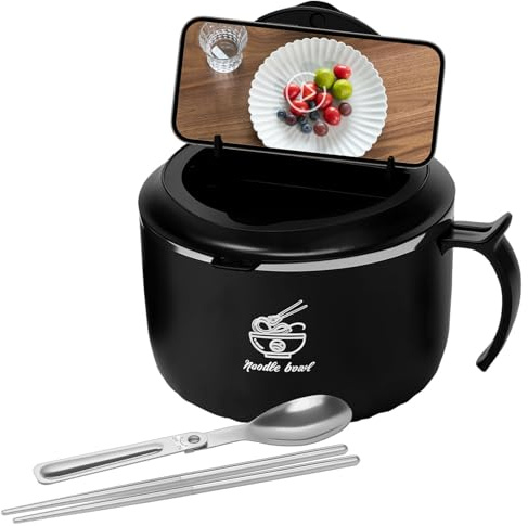 1600ml Rapid Ramen with Filterable Lid, Stainless Steel Noodle Bowl with Spoon Chopsticks, Rapid Ramen Cooker Soup Bowls, Multipurpose Noodles Cooker Bowl for Home Office College Dorm Room (Black)