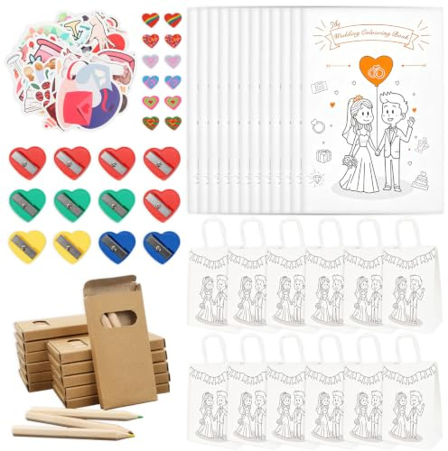 Feirdhoo 12er Set Gastgeschenke Hochzeit,Malbuch Hochzeit Buntstifte, Geschenktüten Radiergummis, Anspitzer Aufklebern, Ideal Hochzeitsgeschenk,Geschenkideen,Notfallkörbchen für kleine Gäste