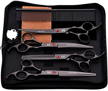 7 Pièces Ciseaux Toilettage Animaux Kit Professionnel Coupe Poils Chiens Chats Ciseaux Droits Effilés Courbés Peigne Tondeuse Acier Inoxydable 440C Ad, Noir, 7 Pouces