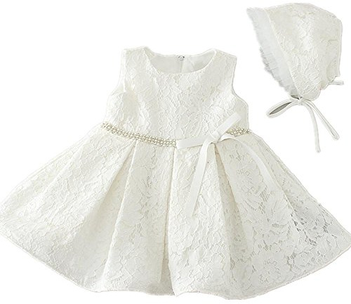 Vestido para 1er cumpleaños de niña con bonete de encaje y satén, 2 colores, cinto de lentejuelas, lazo, 1509 blanco marfil Talla:12-18 meses
