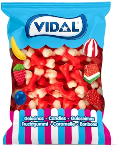Vidal Golosinas. Huesos Brillo Fresa. Gominolas en forma de hueso con textura de gelatina y sabor a fresa. Colores blanco y rojo. Sin gluten ni grasa. Bolsa 1kg