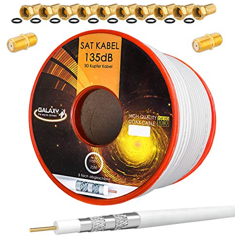 HB-DIGITAL SET 25m Koaxial SAT Kabel 135db Weiß + 10x F-Stecker & 2x F-Verbinder vergoldet | CU Kupfer Satellit Antennenkabel 5-Fach geschirmt für DVB-S/S2 -C/C2 -T/T2 DAB+ Radio BK Anlagen