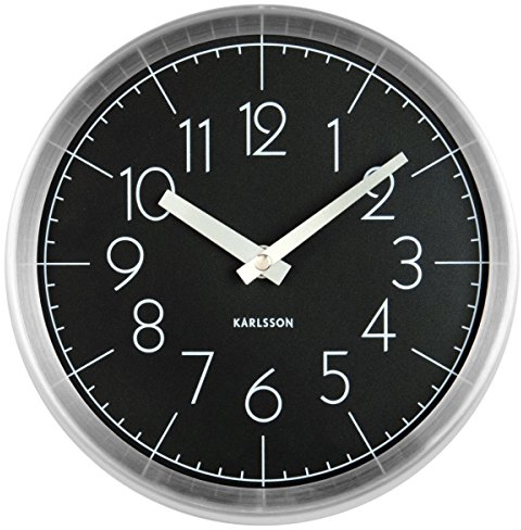 Karlsson KA5637BK Wanduhr - Konvexe Glasform - Zifferblatt: Schwarz - gebürstetes Alluminiumgehäuse Ø 22 cm