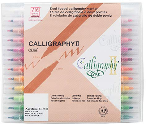 Kuretake Zig Calligraphy 2 Dual Tip Markers 24 Colors Set, 2mm, 3.5mm, Square Tips, AP-Certified, No Mess, Photo-Safe, Acid Free, Lightfast, Odourless, Xylene Freeing, for Beginners, Made in Japan