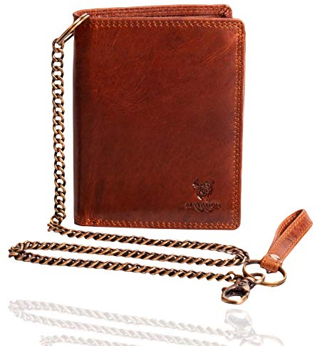 MATADOR Portmonee mit Kette Leder #Seattle mit edler Geschenkbox, Elegante Biker Geldbörse und RFID Blocker, Luxus Biker Portemonnaie Herren mit Kette Viele Kartenfächer in Braun Vintage
