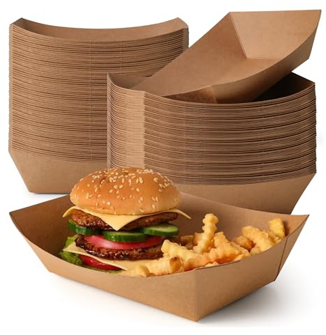Fit Meal Prep [125 Pack 5 lb Paper Food Trays Heavy Duty Disposable Food Boat, Kraft Brown Nacho Tray for Parties Fairs Picnics Carnivals, Holds Hamburger Snack Fries Grease Resistant
