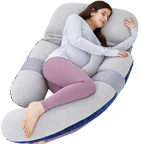 AS AWESLING 60in Full Body Pillow | Nursing, Maternity and Pregnancy Pillow | Extra Large U Shape Pillow with Detachable Side, Separate Support Pillow and Removable Cover (Velvet Blue&Jersey Grey)