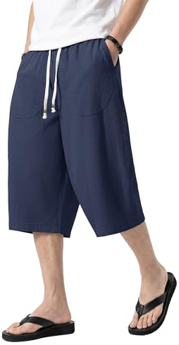 KEFITEVD Shorts for Men UK 3/4 Linen Baggy Trouser Casual Summer Breathable Short Pants Soft Lightweight Beach Shorts Navy 40