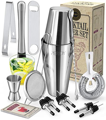 Perjoy - Set di shaker per cocktail, 16 pezzi, kit da barista, shaker per cocktail, set da bar in acciaio inox, set di accessori per coktail, strumenti per bar e barman, con cucchiaio e Jigger