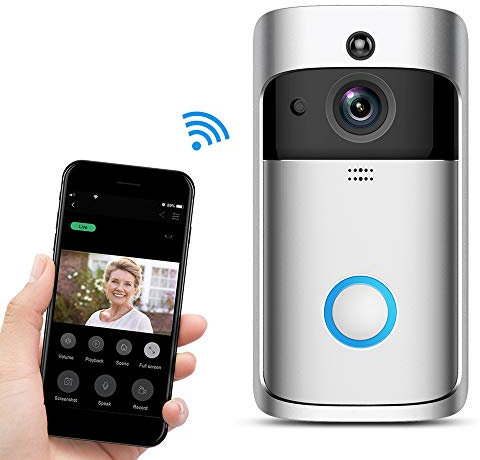 Fayet Wireless WiFi Video Doorbell Camera Ring Door Bell Video, Home Monitoring IR Night Vision Wireless Doorbell for iOS&Android (Silver+Battery) (Silver + Doorbell Chime + Battery)