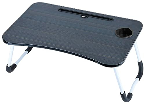 Acan Tradineur - Mesa de Cama para portátil, Bandeja de MDF con Patas Plegables, portavasos y Ranura para Tablet, Desayuno, sofá (Negro, 59,5 x 39 x 28 cm)