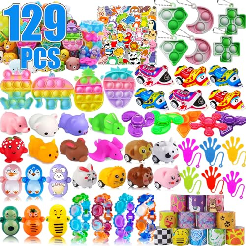 129 Pcs Pop Party Favors for Kids, Easter Basket Eggs Fillers, Fidget Treasure Box Toys, Classroom Prizes, Pinata Filler Goody Bag Stuffers, Treasure Chest, Carnival Prize Box Toys for Boys Girls