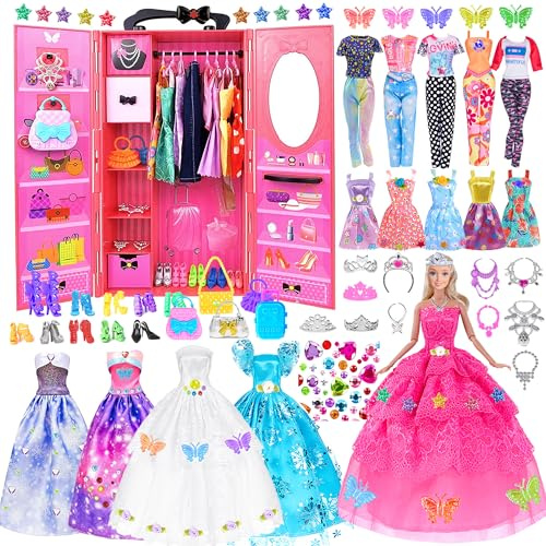 Juego de 140 muñecas y armario de 11.5 pulgadas, ropa y accesorios de moda, incluyendo muñeca, armario, vestido de novia, zapatos, collar, bolsas y más