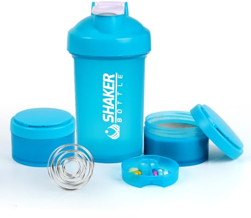 VECH Protein Shaker Bottle -16oz Shaker Cup - 500ml Shaker Bottle for Protein Shakes with Mixing Ball - Leak Proof GYM Shaker Bottles for Workout with Supplement Storage & Pill Tray -Bpa Free (Blue)