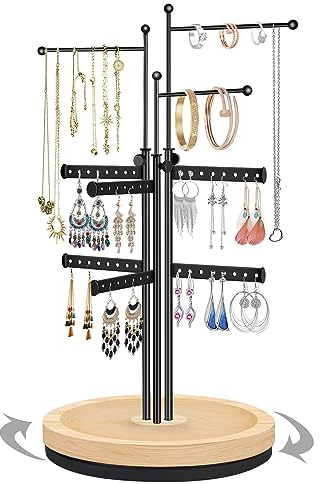 penobon Drehbarer Schmuckständer, Höhenverstellbarer Schmuckbaum mit Holzsockel, Schmuckhalter aus Metall zur Aufbewahrung von Ohrringen, Halsketten, Armbändern, Uhren und Ringen (schwarz)