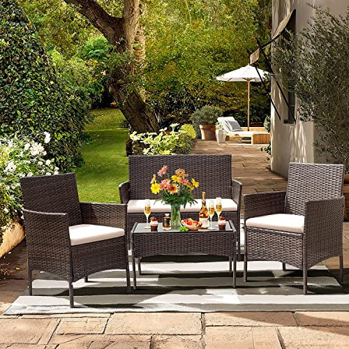 JINPALAY Conjunto Jardin Exterior de Ratán Muebles Jardin Exterior para 4 Personas 4 Piezas Set 2 Sillones,1 Sofá de Doble Asiento y 1 Mesa Conjunto Jardin para Patio Terraza Exterior Marrón