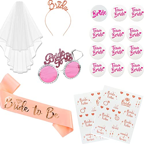 AuFiiy Addio al Nubilato Decorazione,18 Pezzi Cerchietto Tiara e Velo Matrimonio Tatuaggi Badge Occhiali Rosa per Addio al Nubilato Gadget