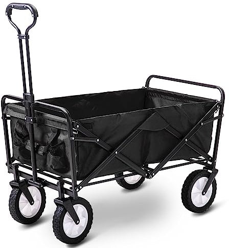 Alivio Heavy Duty Folding Wagon Cart, Collapsible Outdoor Garden Trolley with Adjustable Handle for Holiday, Shopping, Outdoor, Camping, Garden, Beach (Black)