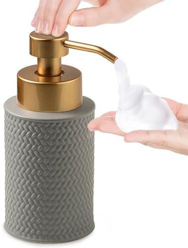 Foam Soap Dispenser with Refined and Vintage Emboss, Ceramic Hand Soap Dispenser for Bathroom (Grey)