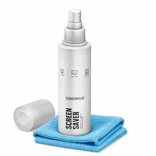 Sonorous Screensaver - Kit Nettoyant Écran 150 ML avec Chiffon Microfibre | Spray Antistatique pour TV, Moniteur, Ordinateur Portable, Tablette et Smartphone | Nettoyage sans Traces.