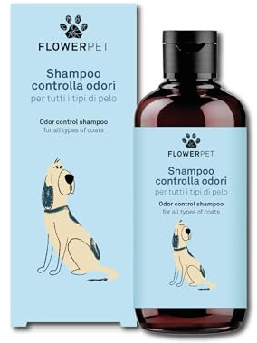 FLOWER PET, Shampoo Controlla Odori per Cani, Specifico per Il Cattivo Odore, Azione Purificante, Rafforza Il Pelo e Dona Lucentezza e Pettinabilità, con Estratti di Canapa, Limone e Timo, 250 ml